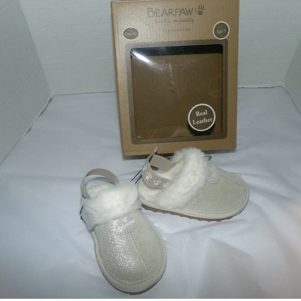 Bearpaw Baby Girls Glitter Leather Slippers Faux Fur Elastic Strap Silver Size 5